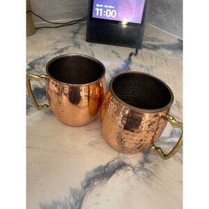 Vintage Genuine Copper Moscow Mule Mugs Hammered Smooth Set of 2 Brass Handle